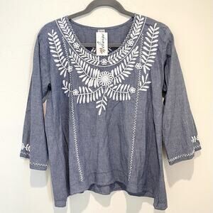 Abrazo Style Scoop Neck Embroidered Chambray Top Womens XL Blue3/4 Sleeves Boho